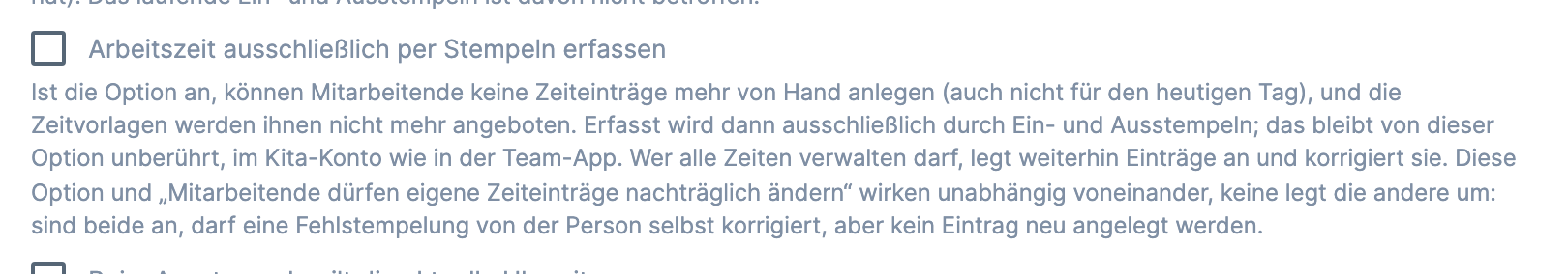 Abschnitt ZEITERFASSUNG EINSTELLUNGEN mit dem Häkchen Arbeitszeit ausschließlich per Stempeln erfassen und dem Hinweis darunter