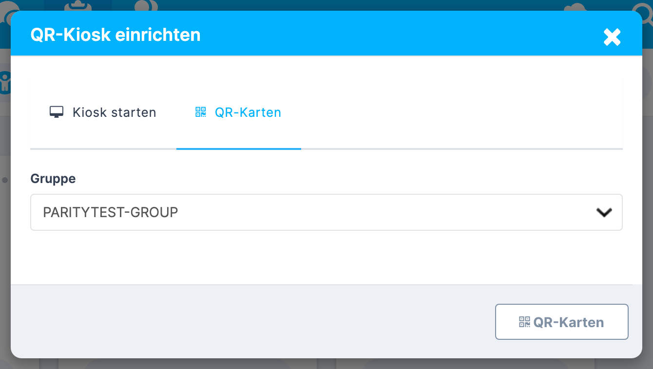 Fenster QR-Kiosk einrichten , Reiter QR-Karten mit dem Feld Gruppe und der Schaltfläche QR-Karten