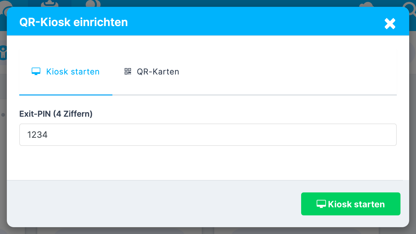 Fenster QR-Kiosk einrichten , Reiter Kiosk starten mit dem Feld Exit-PIN (4 Ziffern) und der Schaltfläche Kiosk starten