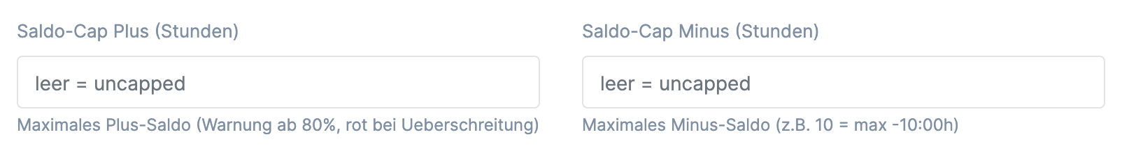 Abschnitt ZEITERFASSUNG EINSTELLUNGEN mit den Feldern Saldo-Cap Plus (Stunden) und Saldo-Cap Minus (Stunden) und dem Platzhalter „leer = uncapped"