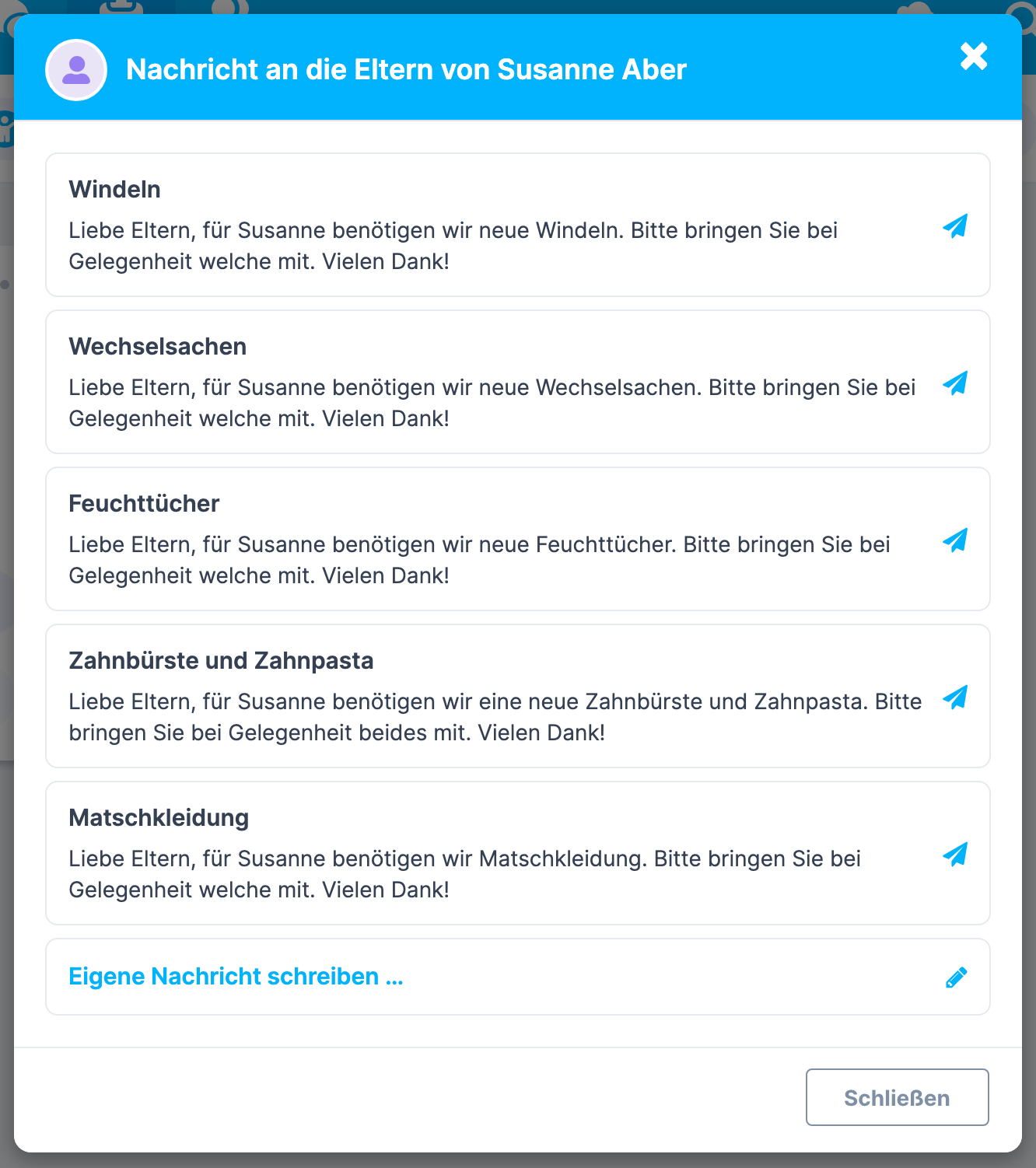 Fenster Nachricht an die Eltern von … mit Kindfoto, den Schnellnachrichten und der Zeile Eigene Nachricht schreiben …