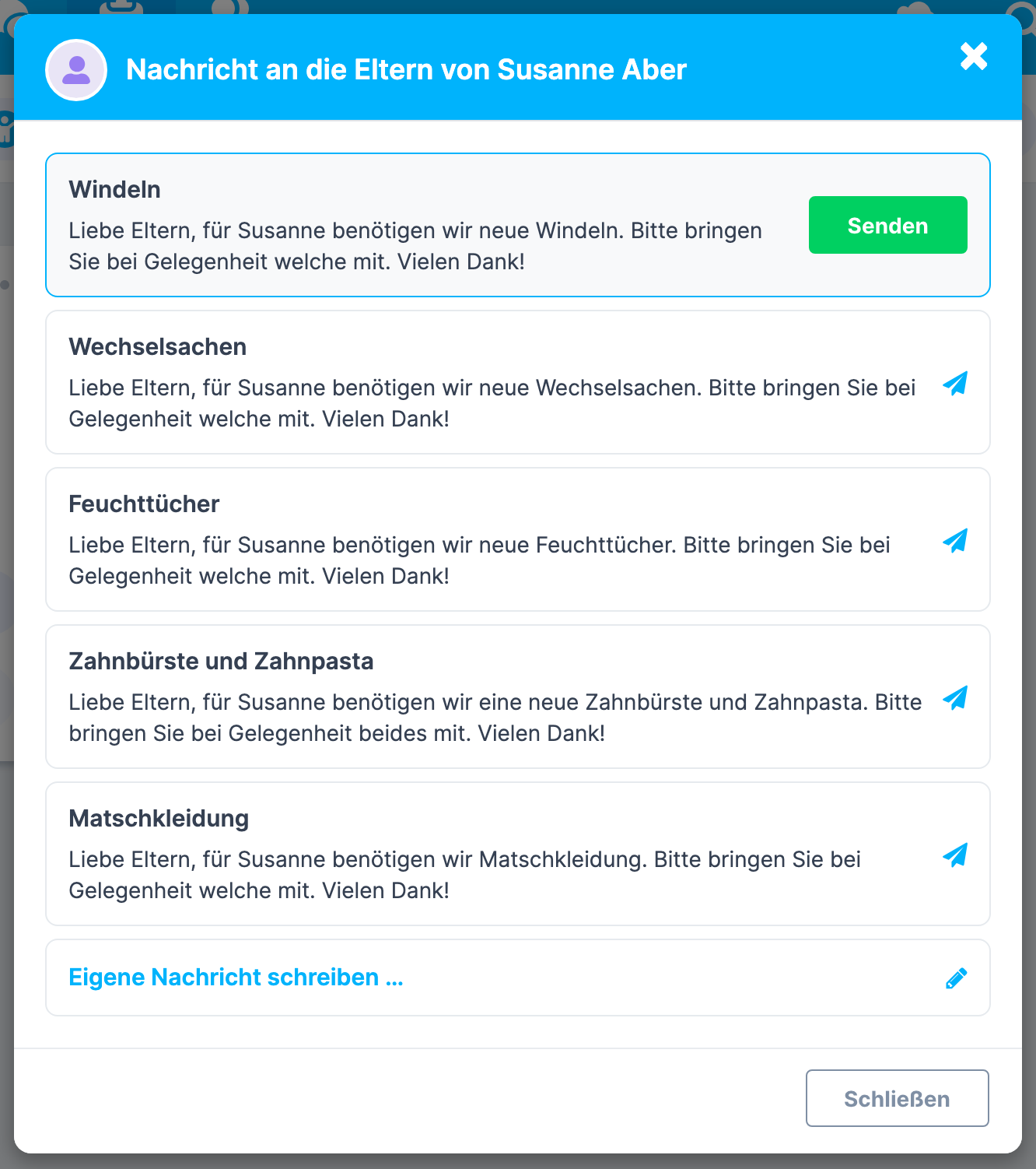 Fenster Nachricht an die Eltern von … bei eingeschalteter Bestätigung, eine Zeile zeigt den grünen Knopf Senden
