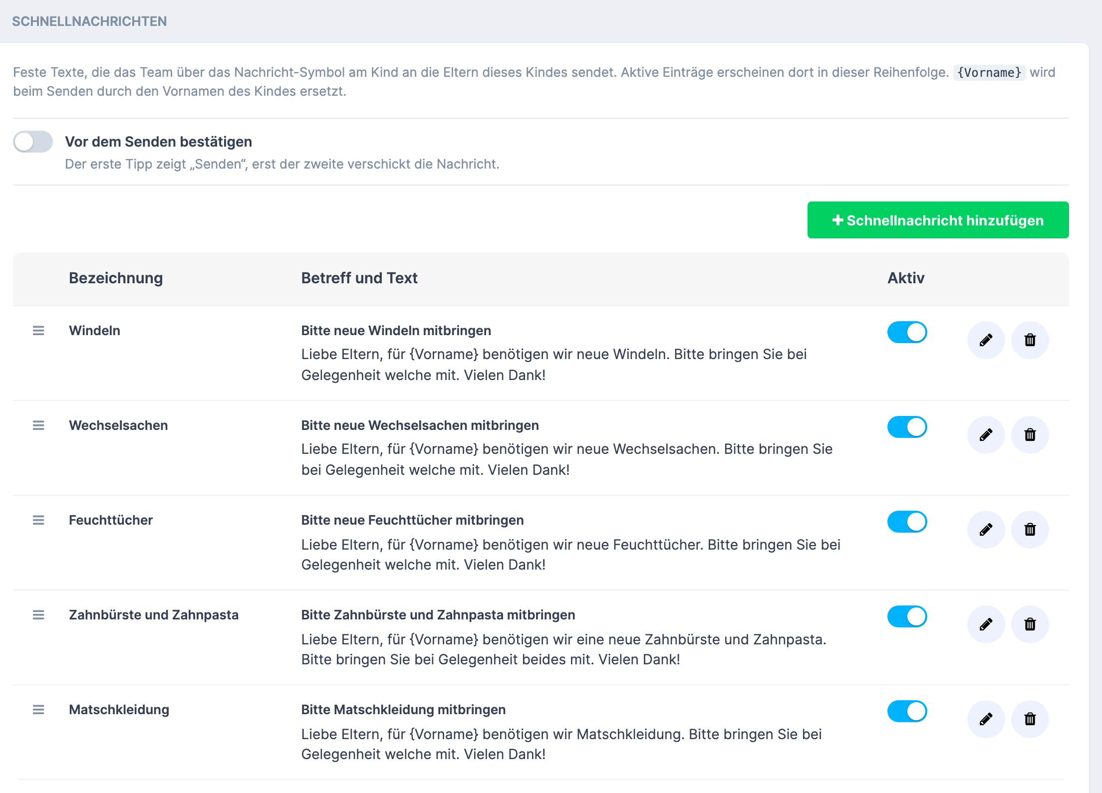 Einstellungen, Reiter Eltern-App , Abschnitt SCHNELLNACHRICHTEN mit Schalter, Knopf Schnellnachricht hinzufügen und den fünf Beispielen