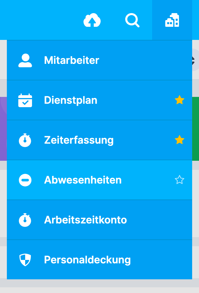 Menü Personal aufgeklappt, bei Dienstplan und Zeiterfassung ein gelber Stern, beim Eintrag Abwesenheiten unter dem Mauszeiger ein leerer Stern