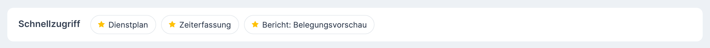 Karte Schnellzugriff auf der Übersicht mit den Knöpfen Dienstplan , Zeiterfassung und Bericht: Belegungsvorschau