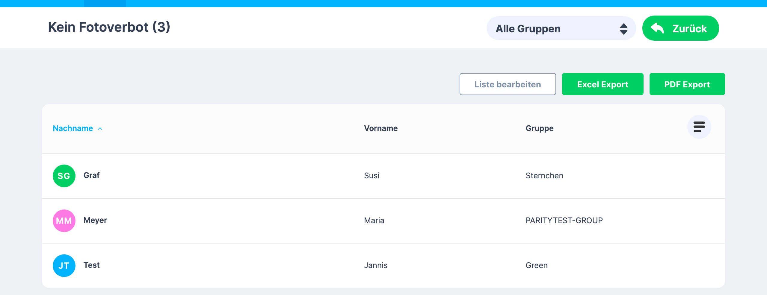 Listenseite einer Smart-Liste im Bereich Kind mit Listennamen und Trefferzahl im Titel, der Gruppenauswahl, den Knöpfen Liste bearbeiten , Excel Export und PDF Export sowie der Tabelle
