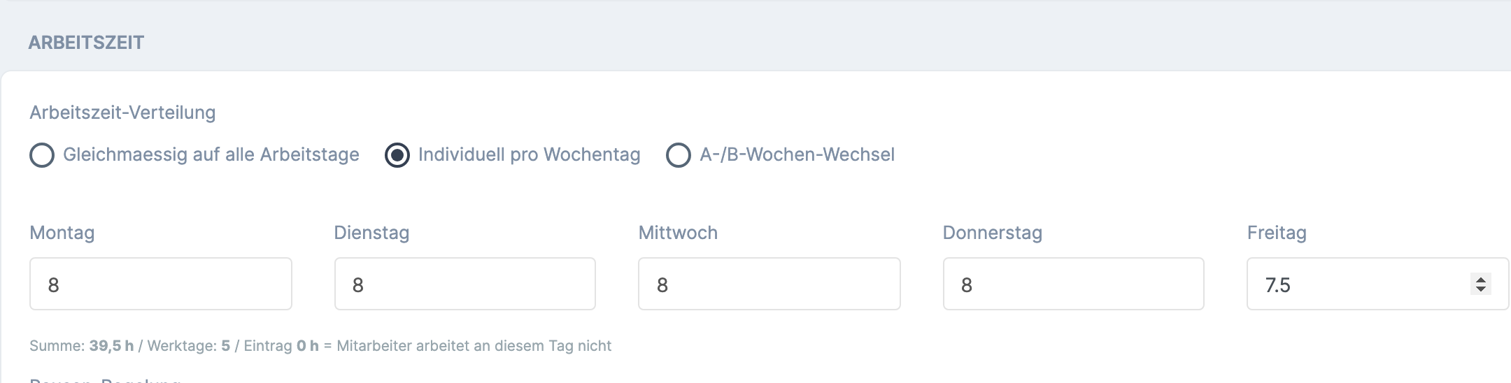 Bereich ARBEITSZEIT mit der markierten Option Individuell pro Wochentag und dem Raster Montag bis Freitag samt der Zeile Summe und Werktage darunter
