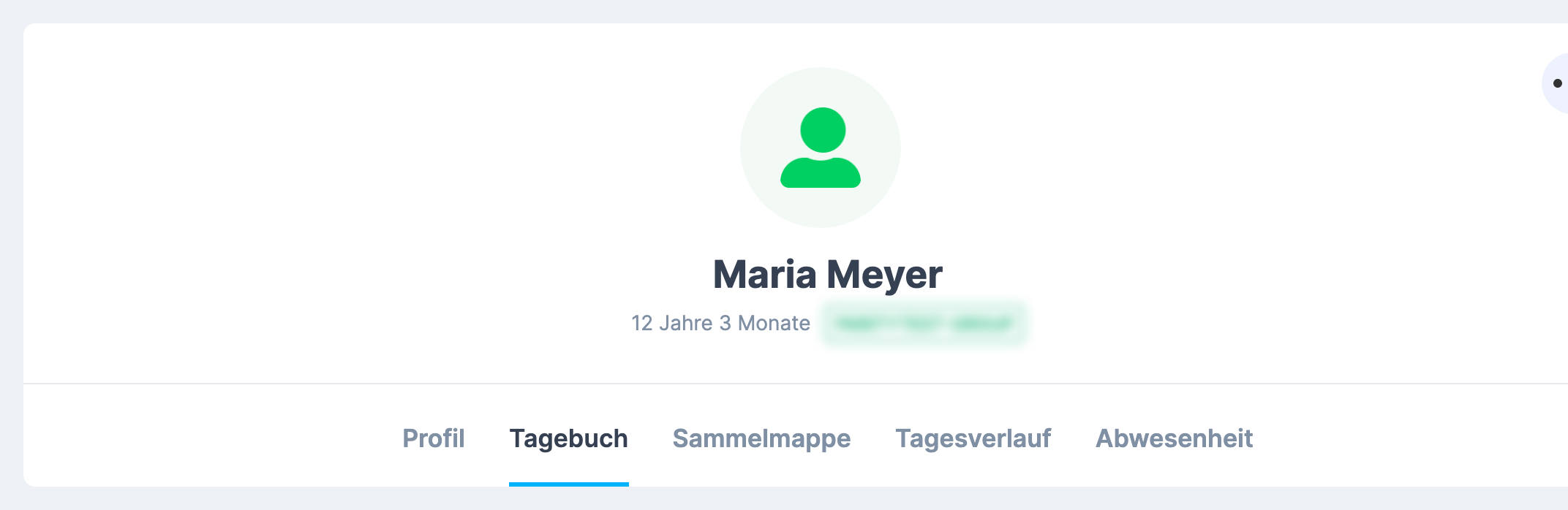 Kind-Profil mit der Reiterleiste Profil , Tagebuch , Sammelmappe , Tagesverlauf , Abwesenheit