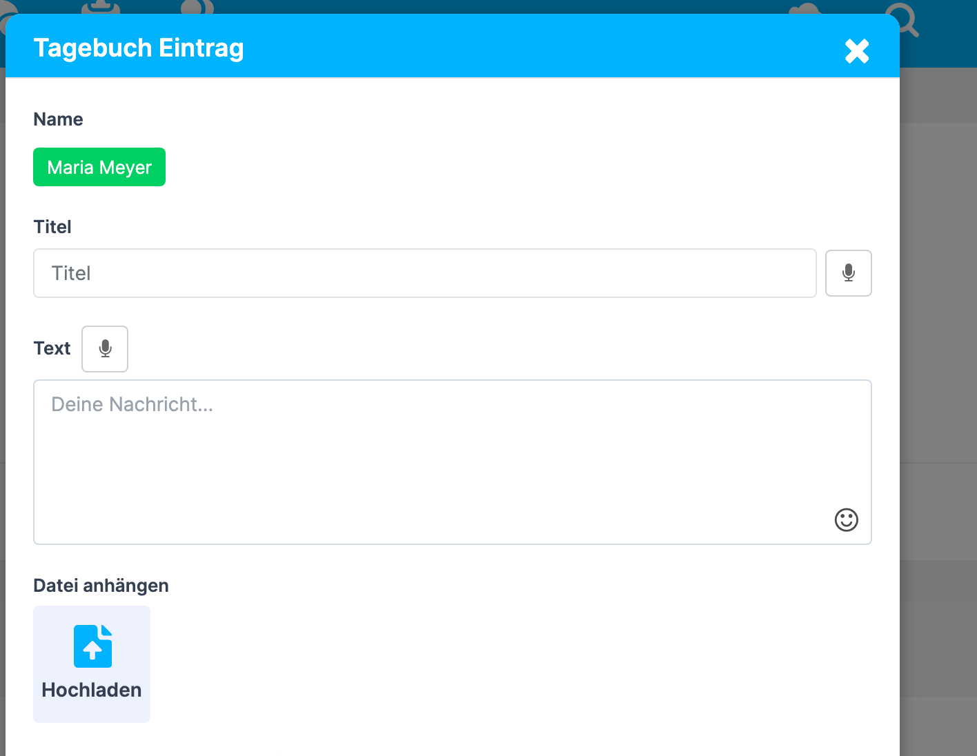 Fenster Tagebuch Eintrag mit Name , Titel , Text und Datei anhängen