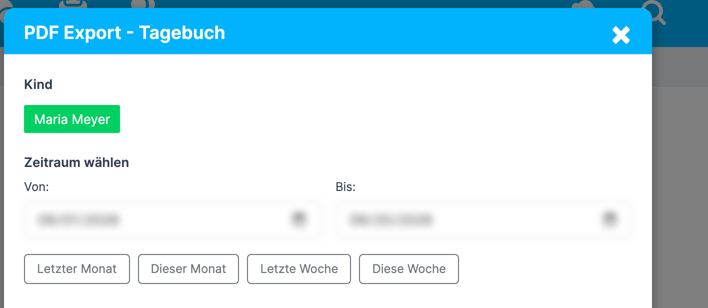 Fenster PDF Export - Tagebuch mit Zeitraum wählen und den vier Schnellauswahl-Schaltflächen