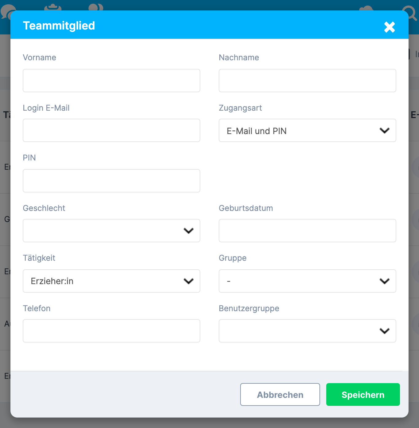 Fenster Teammitglied mit den Feldern Vorname , Nachname , Zugangsart , PIN und Benutzergruppe