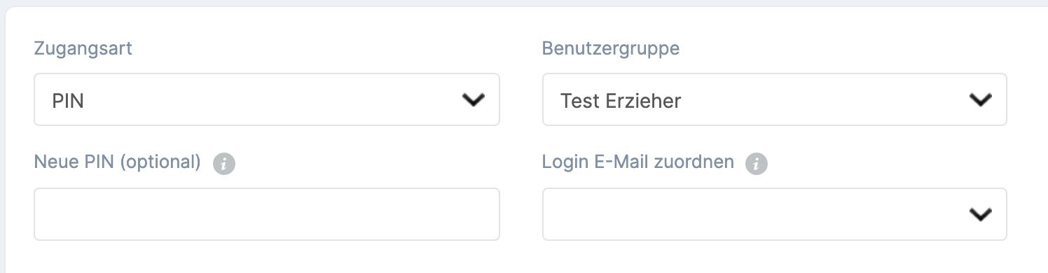 Feld Zugangsart mit den Optionen PIN und E-Mail und PIN , darunter das Feld Login E-Mail zuordnen