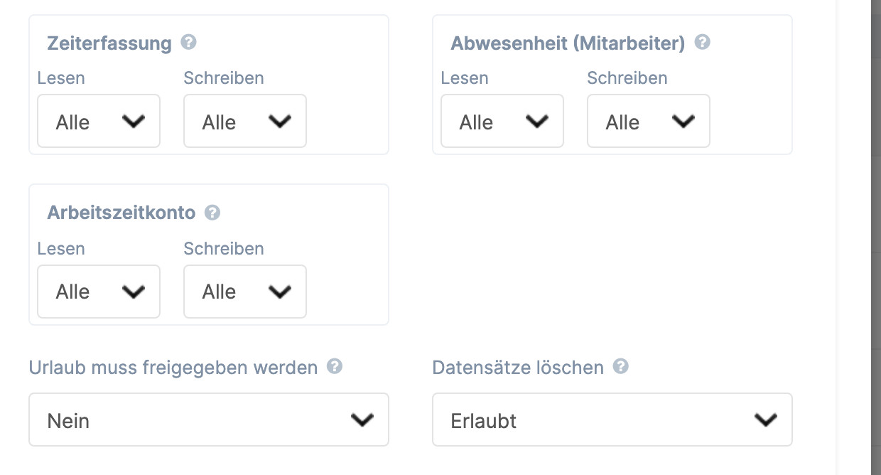 Reiter Einrichtung mit der Berechtigung Abwesenheit (Mitarbeiter) (Lesen/Schreiben) und der Option Urlaub muss freigegeben werden