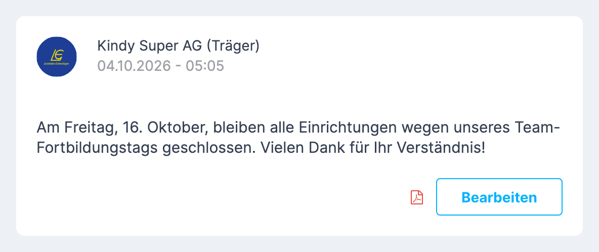 Pinnwand im Kita-Konto mit einem Beitrag aus der Trägerverwaltung, als Absender der Trägername mit dem Zusatz (Träger)