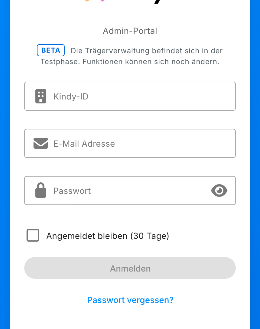 Anmeldeseite mit den Feldern Kindy-ID , E-Mail Adresse und Passwort , darunter die Kennzeichnung Beta mit dem Testphasen-Hinweis