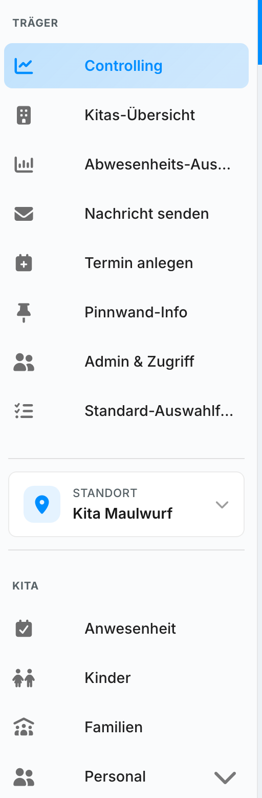Seitenleiste mit dem Abschnitt Träger , der Standort-Karte und dem Abschnitt Kita