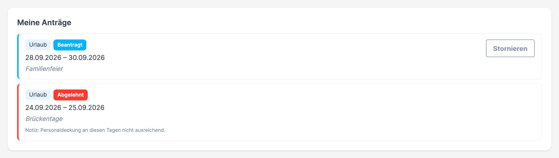Abschnitt Meine Anträge mit einer Zeile im Status Beantragt