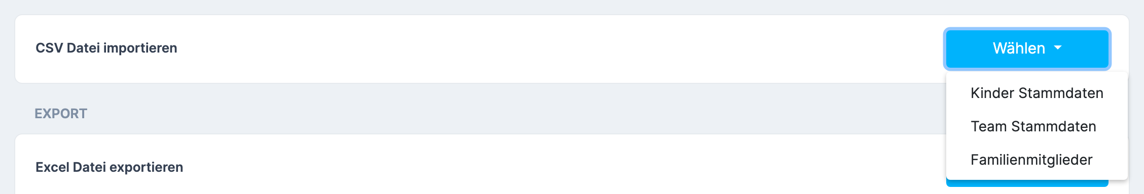 Seite Datenim-/export mit der Auswahl Kinder Stammdaten