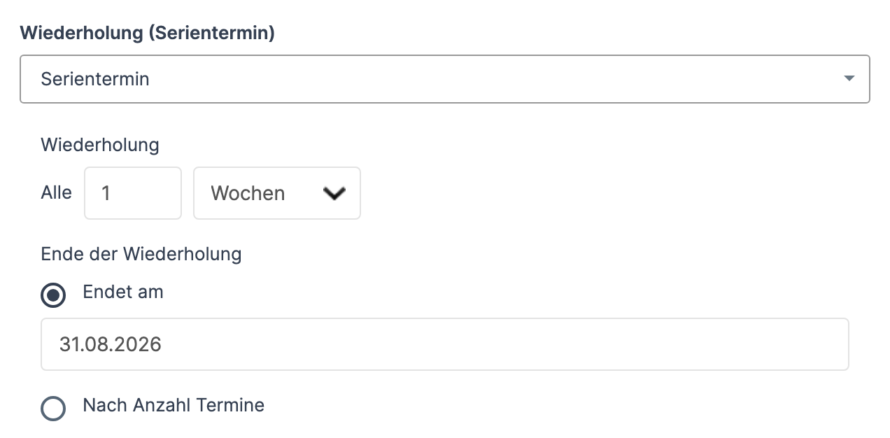 Termin-Dialog mit Wiederholung (Serientermin) , dem Intervall und dem Abschnitt Ende der Wiederholung